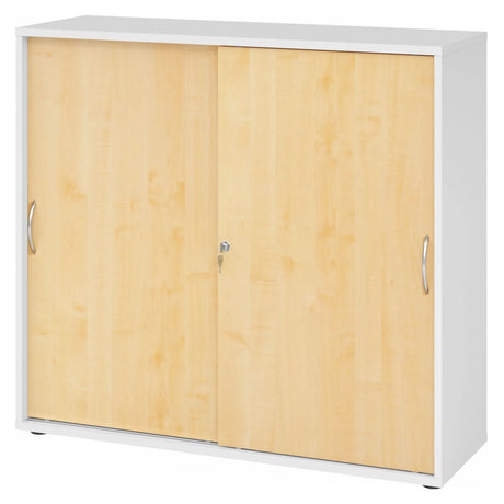 Armoire à portes coulissantes BETA S 1753S en blanc et érable avec poignées arquées en métal de hjh OFFICE PRO