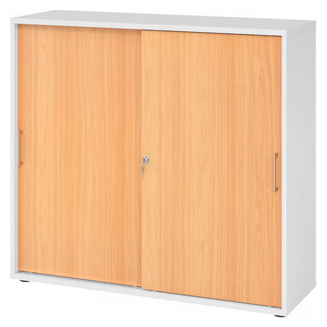 Armoire à portes coulissantes BETA S 1753S en blanc et hêtre avec poignées métalliques de hjh OFFICE PRO