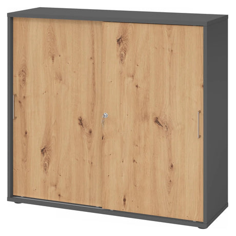 Armoire à portes coulissantes BETA S 1753S en graphite et chêne frêne avec poignées métalliques de hjh OFFICE PRO