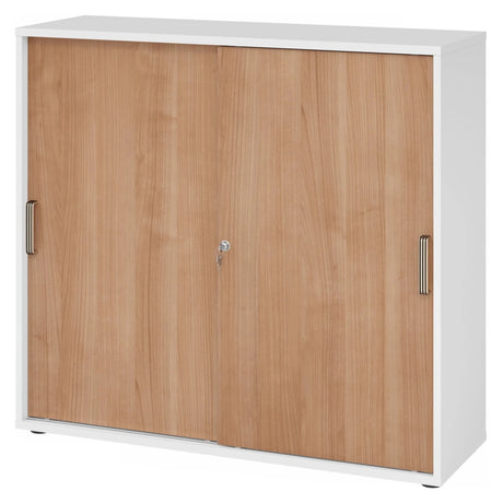 Armoire à portes coulissantes BETA S 1753S en blanc et noyer avec deux poignées rayées argentées de hjh OFFICE PRO