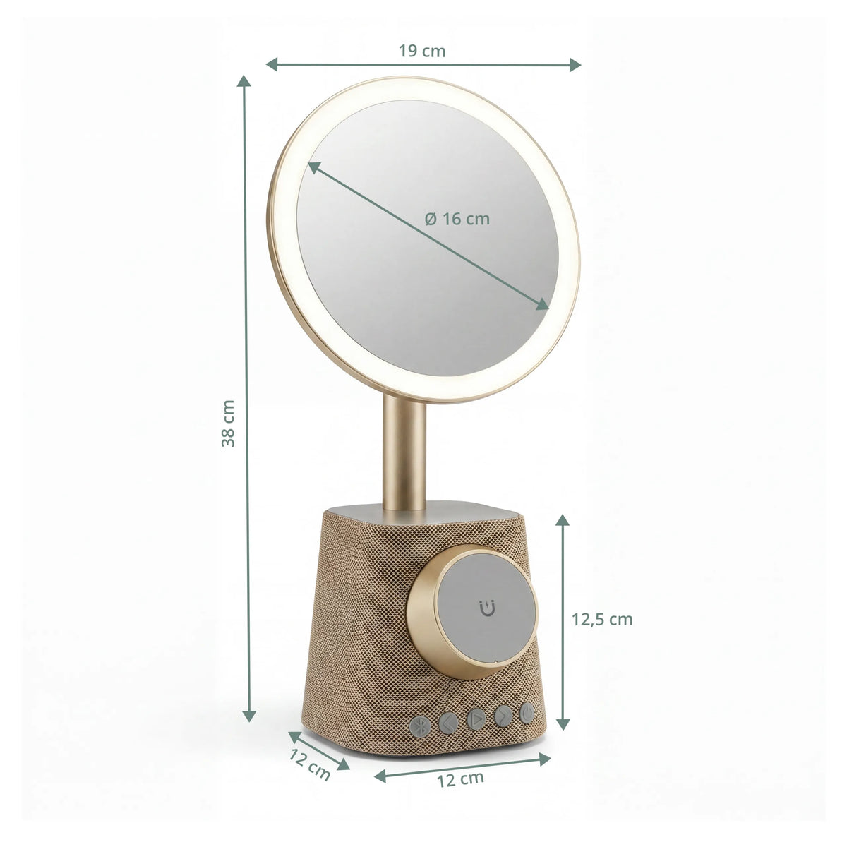 Dessin dimensionnel du Miroir de Maquillage Glamlody avec une hauteur totale de 38 cm de hjh OFFICE