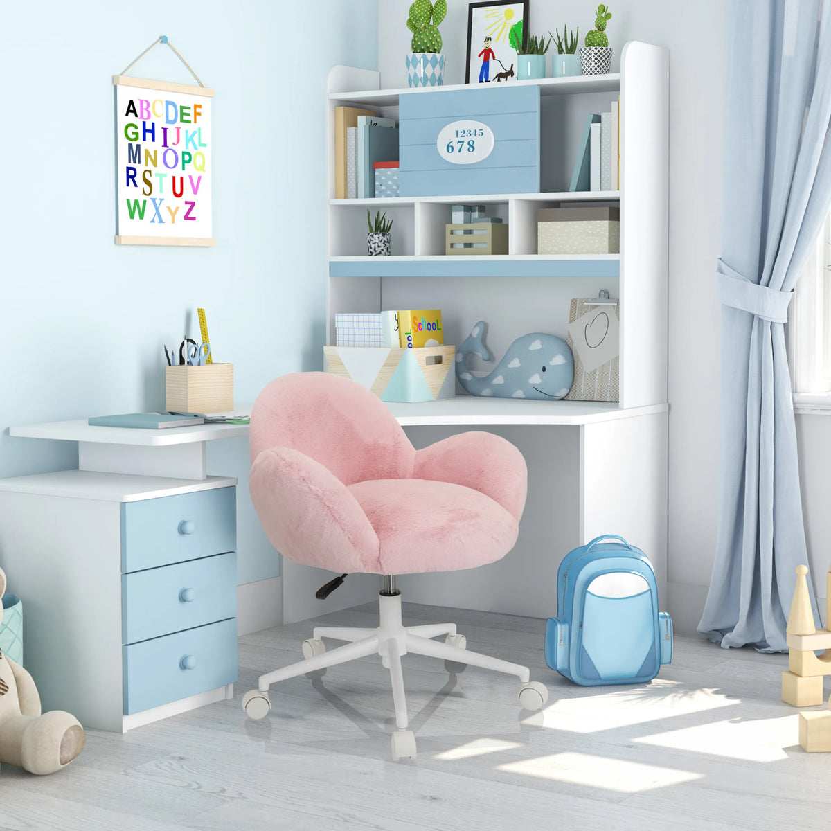 Chaise pivotante pour des enfants KID TEDDY rose avec housse fluffy et pied en étoile blanc à roulettes de hjh OFFICE