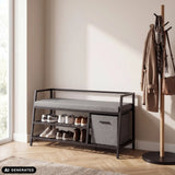 Armoire à chaussures Estha Loft en noir et gris avec coussin d'assise, deux niches de rangement et un panier en tissu de hjh LIVING