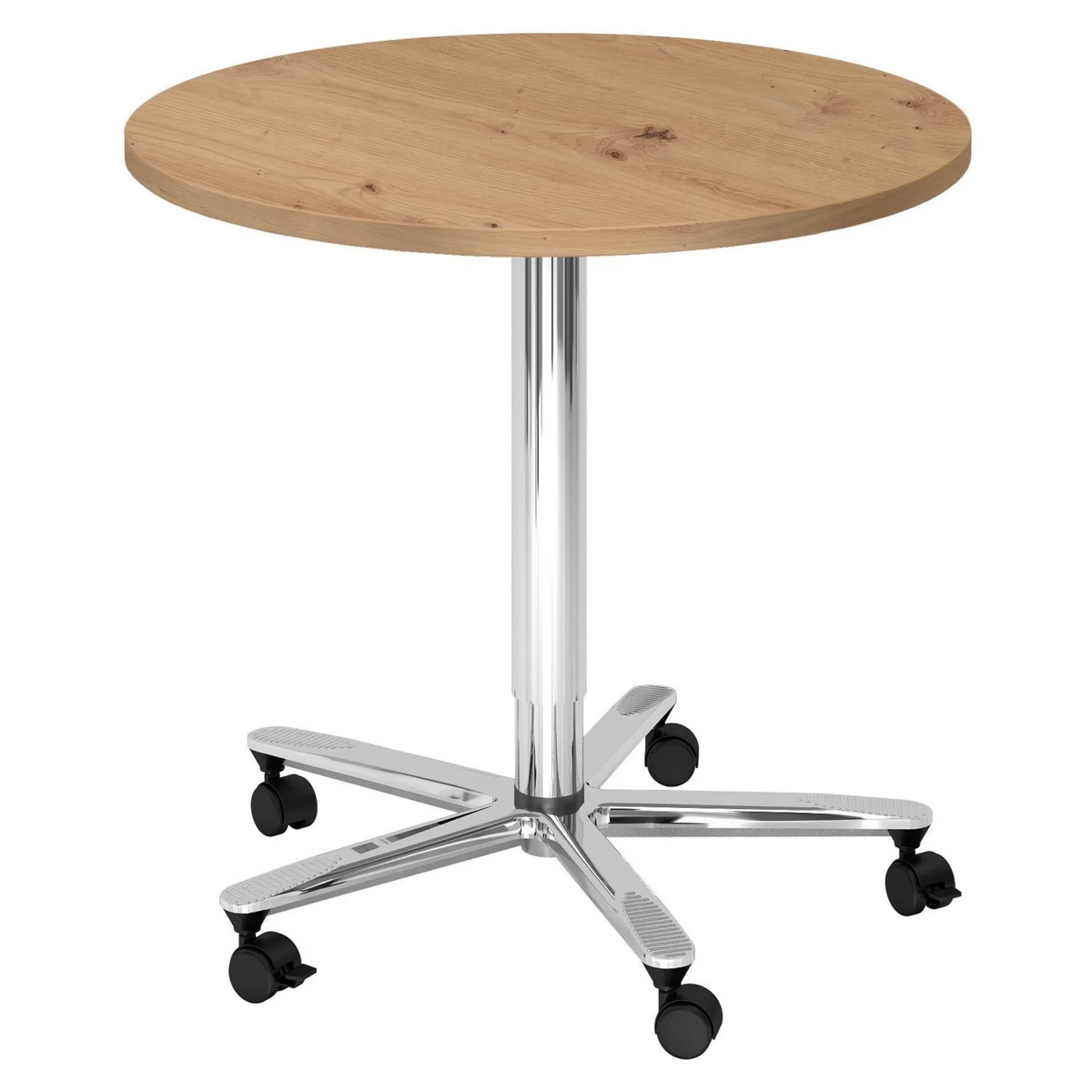 Système de tables conférence BISTRO 80R C avec plateau rond en chêne noueux, piètement chromé et roulettes de hjh OFFICE PRO