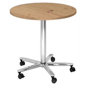 Système de tables conférence BISTRO 80R C avec plateau rond en chêne noueux, piètement chromé et roulettes de hjh OFFICE PRO