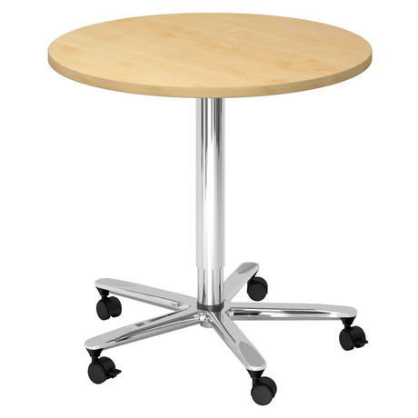 Système de tables conférence BISTRO 80R C avec plateau rond en bois d'érable, piètement chromé et cinq roulettes de hjh OFFICE PRO