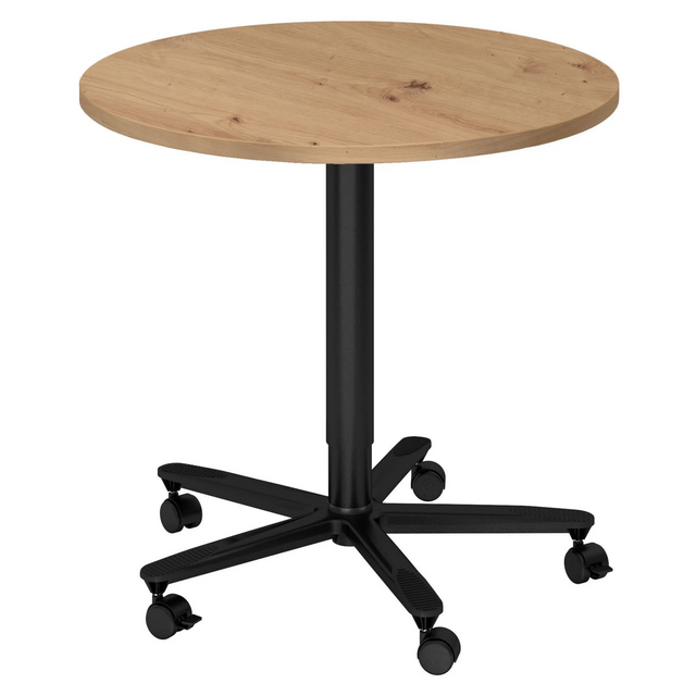 Table de conférence ronde BISTRO 80R D avec plateau en chêne rustique et pied noir sur roulettes de hjh OFFICE PRO