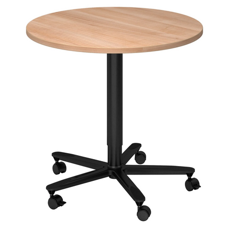 Table conférence Système ronde BISTRO 80R D avec plateau en bois marron clair et pied à roulettes noir de hjh OFFICE PRO