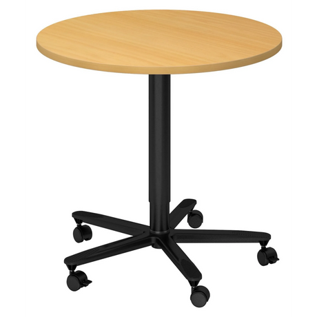 Système de tables conférence BISTRO 80R D avec plateau rond en hêtre, piètement noir et cinq roulettes de hjh OFFICE PRO