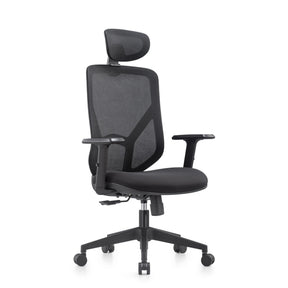 Siège de bureau à domicile BLACORE en noir avec dossier en maille, appui-tête et accoudoirs de MyBuero