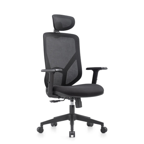 Siège de bureau à domicile BLACORE en noir avec dossier en maille, appui-tête et accoudoirs de MyBuero