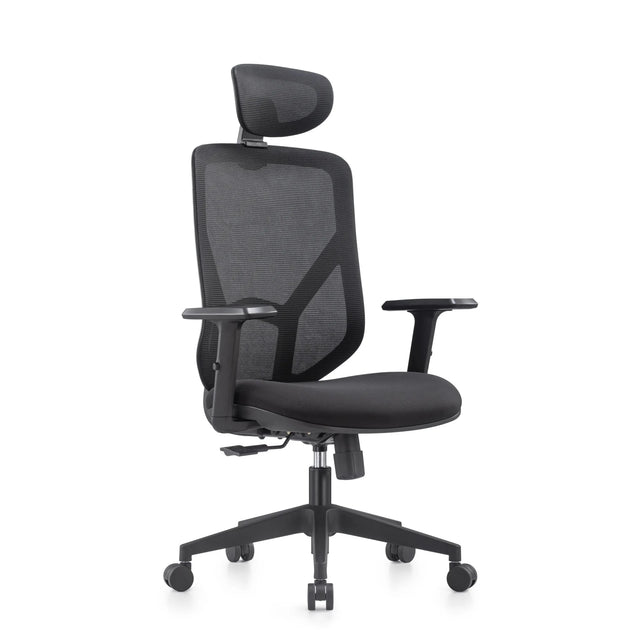Siège de bureau à domicile BLACORE en noir avec dossier en maille, appui-tête et accoudoirs de MyBuero