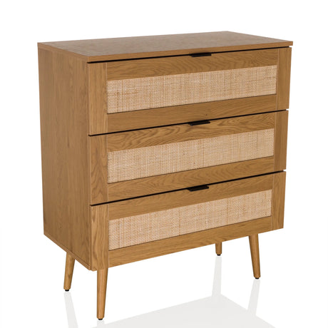 Commode BOHEO K en chêne avec trois tiroirs et façades en cannage viennois de hjh LIVING