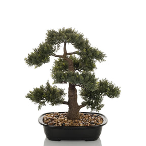 Plante artificielle BONSAI sous forme de bonsai vert dans un bol noir avec des galets de hjh OFFICE
