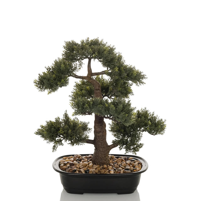 Plante artificielle BONSAI sous forme de bonsai vert dans un bol noir avec des galets de hjh OFFICE