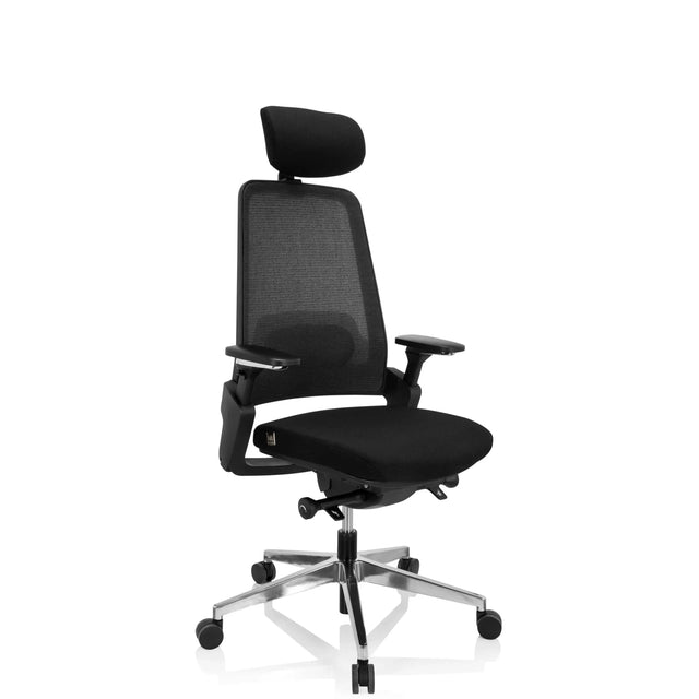 Siège de bureau de qualité professionnelle BRACIO en noir avec dossier en maille, appui-tête et pied en aluminium de hjh OFFICE