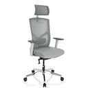 Siège de bureau de qualité professionnelle BRETON PRO W en gris avec dossier en maille, appuie-tête et piètement argenté de hjh OFFICE