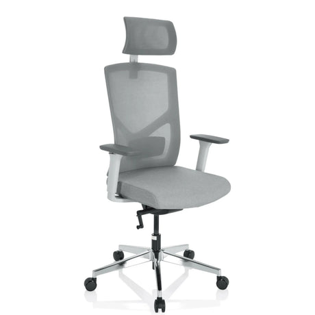 Siège de bureau de qualité professionnelle BRETON PRO W en gris avec dossier en maille, appuie-tête et piètement argenté de hjh OFFICE