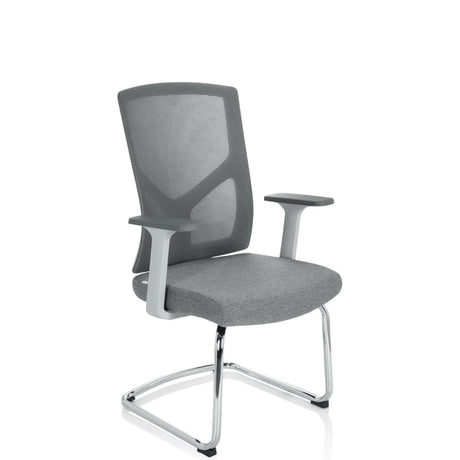 Chaises cantilever BRETON V W grise avec dossier en maille, accoudoirs et piètement luge de hjh OFFICE