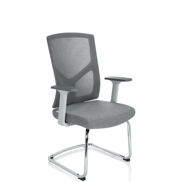 Chaises cantilever BRETON V W grise avec dossier en maille, accoudoirs et piètement luge de hjh OFFICE