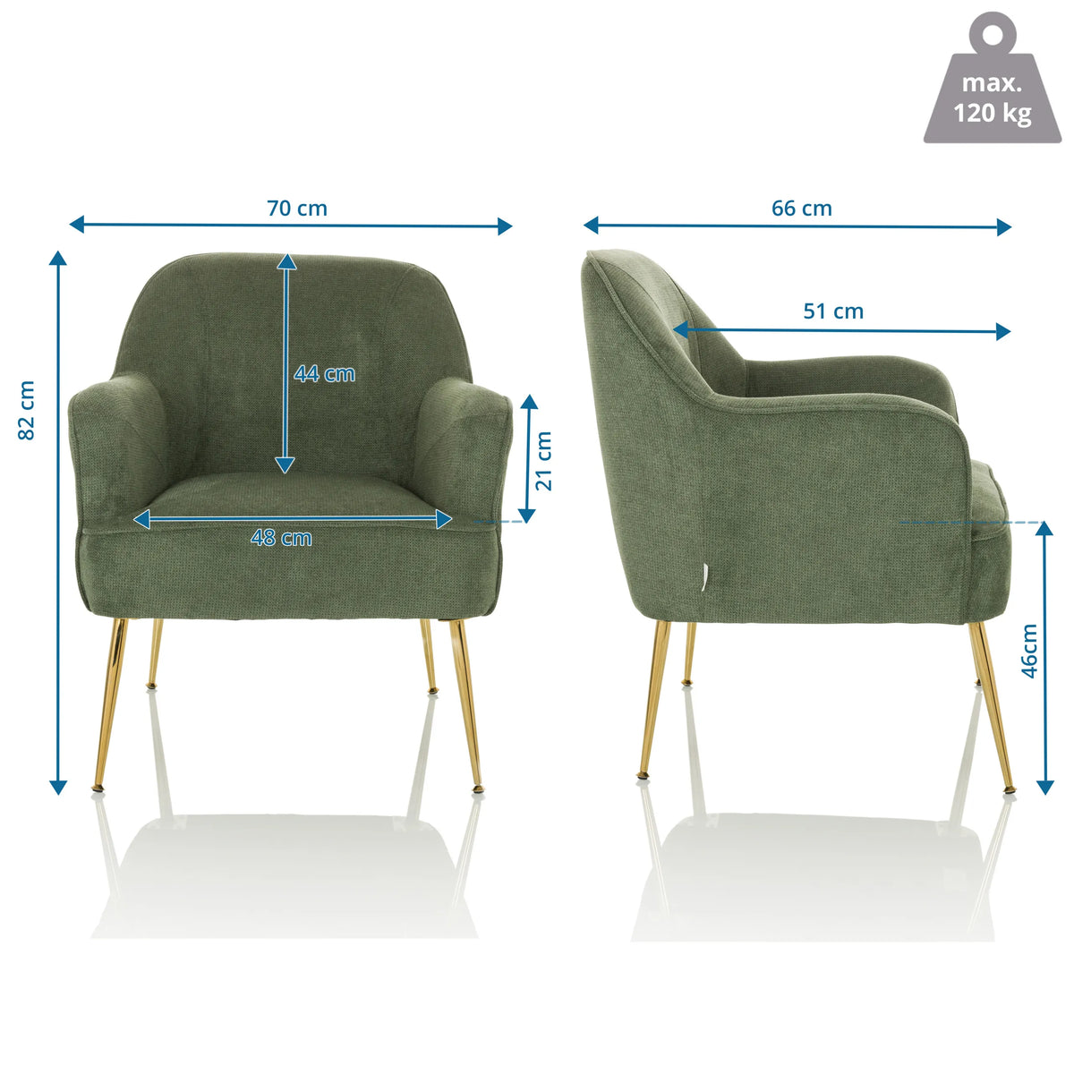 Dessin coté du Fauteuil de salon THASSOS avec une largeur de 70 cm et une hauteur de 82 cm de hjh LIVING
