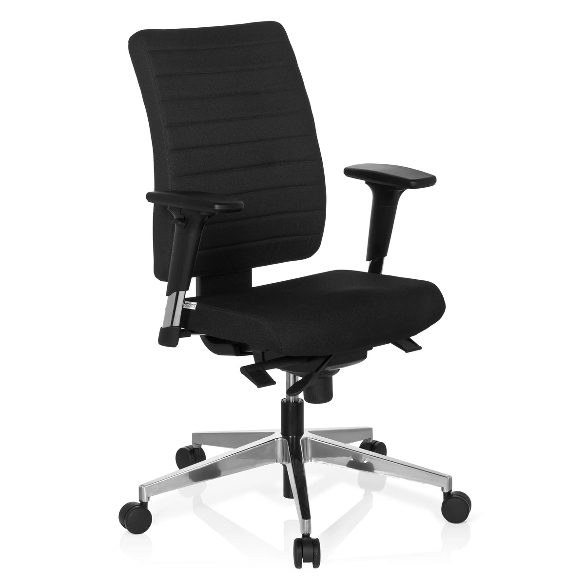 Siège de bureau de qualité professionnelle PRO-TEC 350 noir avec accoudoirs et base argentée à 5 roulettes de hjh OFFICE – vue à 360° (vue de trois quarts avant 40°)
