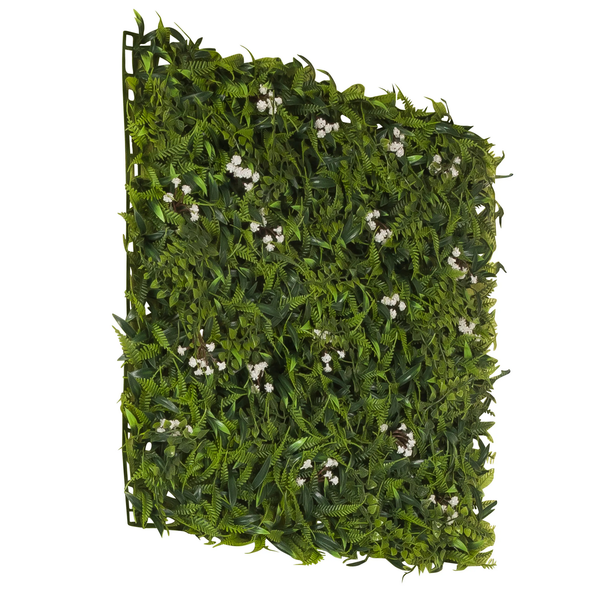 Tapis végétal vert MORE GREEN I avec des feuilles de fougère et de petites fleurs blanches de hjh OFFICE – vue à 360° (vue de trois quarts arrière 240°)