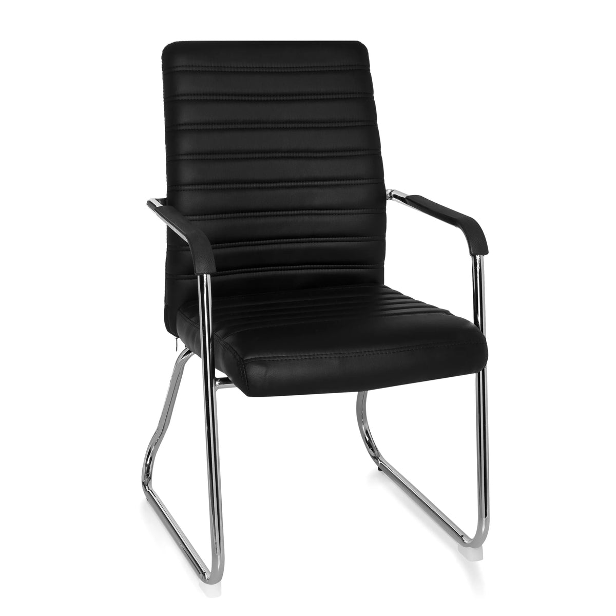 Siège visiteur noir STEEL V avec surpiqûres transversales et piètement luge de hjh OFFICE – vue à 360° (vue de face 20°)