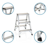 Échelle pliante en aluminium SOLID avec trois marches et vues détaillées des articulations et des pieds antidérapants de hjh OFFICE