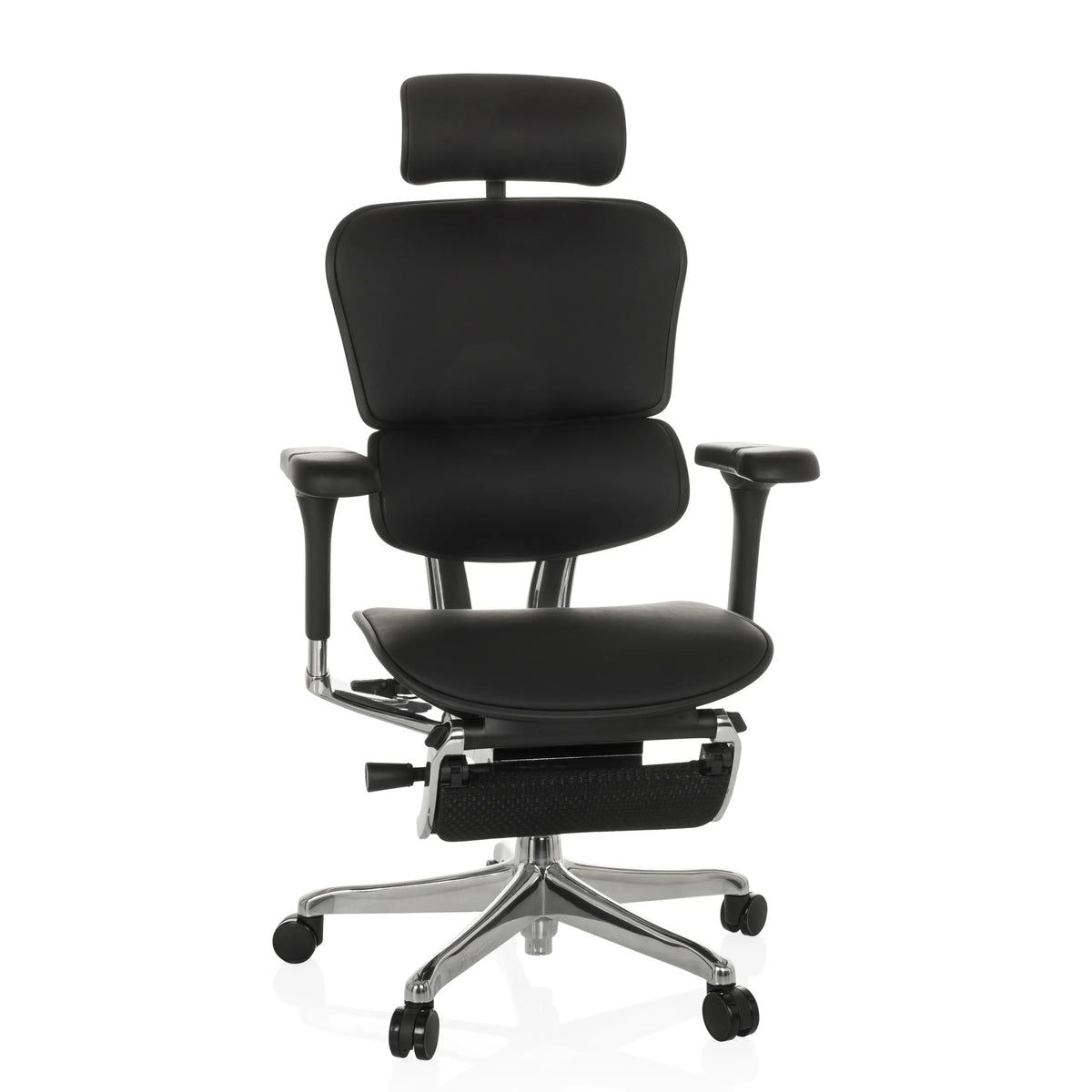 Siège de direction de luxe ERGOHUMAN PLUS LEGPRO GEN2 noir en cuir avec repose-pieds et base à cinq roulettes de hjh OFFICE – vue à 360° (vue de face 15°)