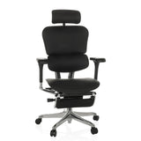 Siège de direction de luxe ERGOHUMAN PLUS LEGPRO GEN2 noir en cuir avec repose-pieds et base à cinq roulettes de hjh OFFICE – vue à 360° (vue de face 15°)