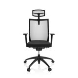 Siège de bureau de qualité professionnelle ASPEN PRO noir, dossier maille, appuie-tête et base à roulettes de hjh OFFICE – vue à 360° (vue de face 0°)