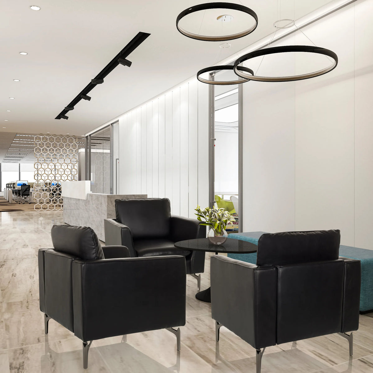 Trois Fauteuil de salon BAVERO noirs en similicuir dans un salon de bureau moderne de hjh OFFICE