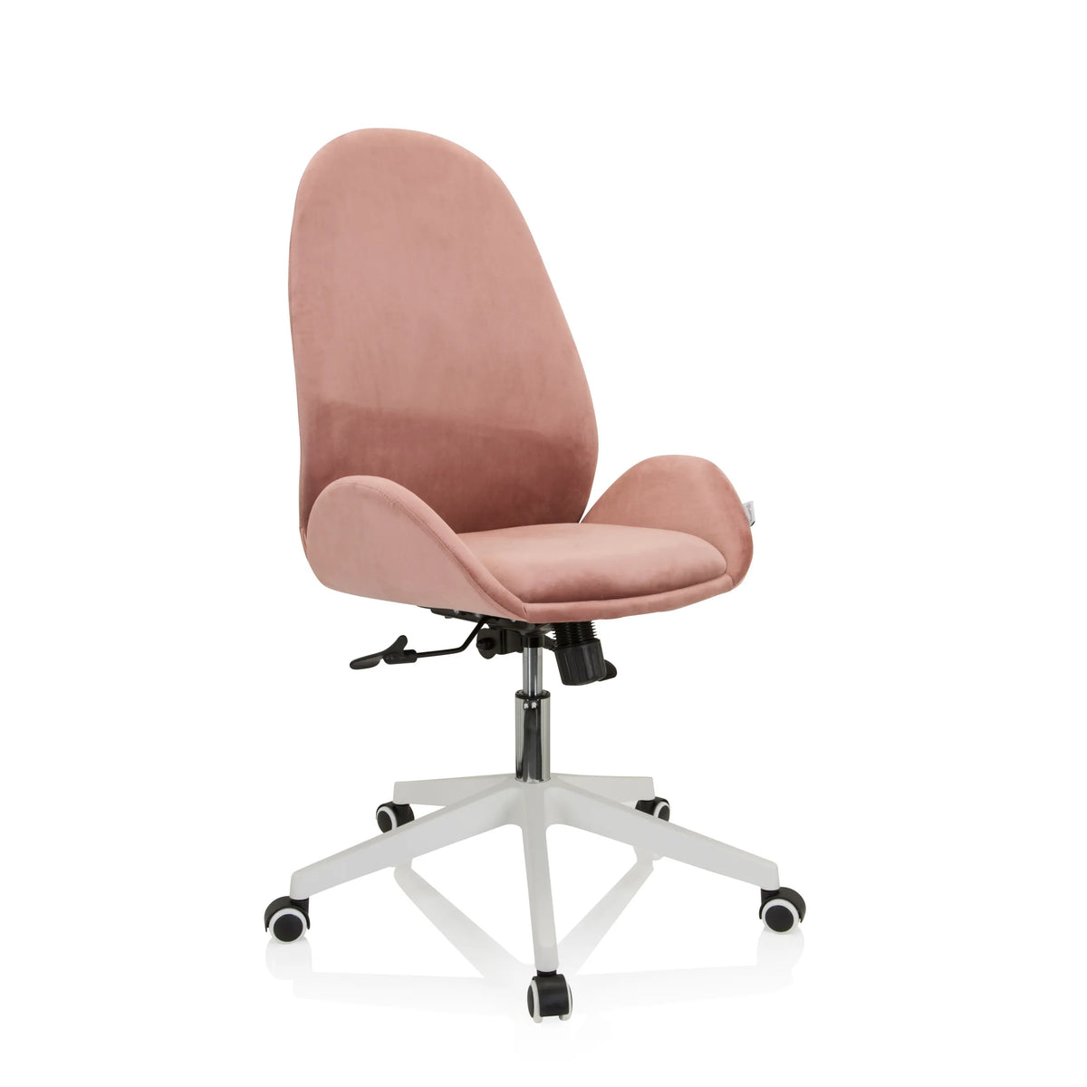Siège de bureau à domicile AVEA rose avec accoudoirs et piètement blanc à cinq roulettes de hjh OFFICE – vue à 360° (vue de trois quarts avant 40°)