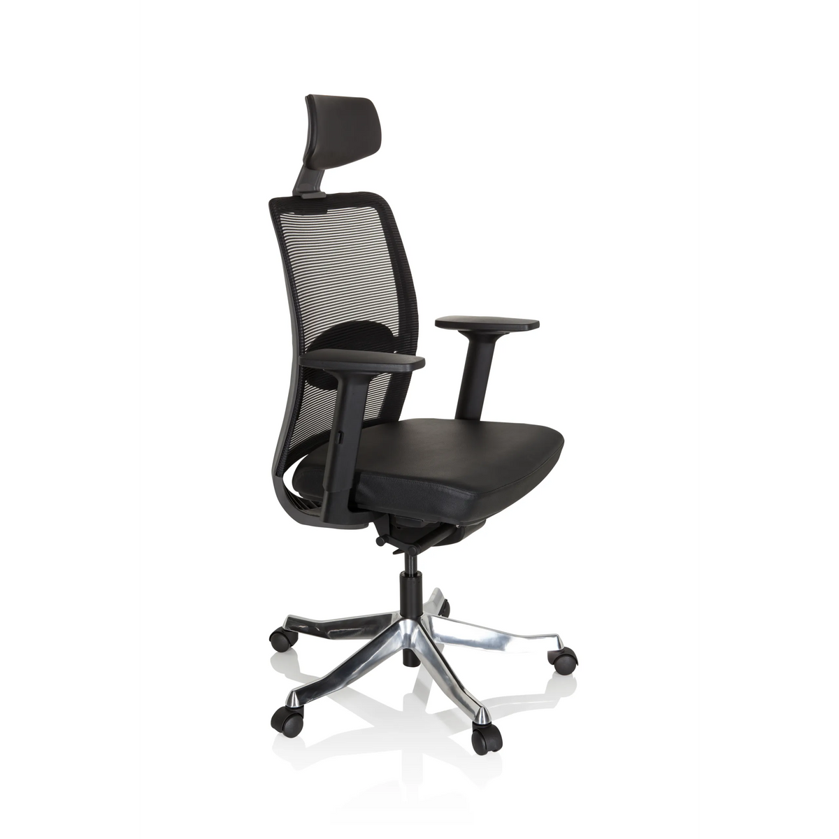 Siège de direction de luxe SENATOR PRO noir avec dossier en maille, appui-tête et base à cinq roulettes de hjh OFFICE – vue à 360° (vue de trois quarts avant 60°)