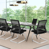 Trois chaises cantilever INVENTOR V noires avec dossier en maille et piètement luge en métal de hjh OFFICE