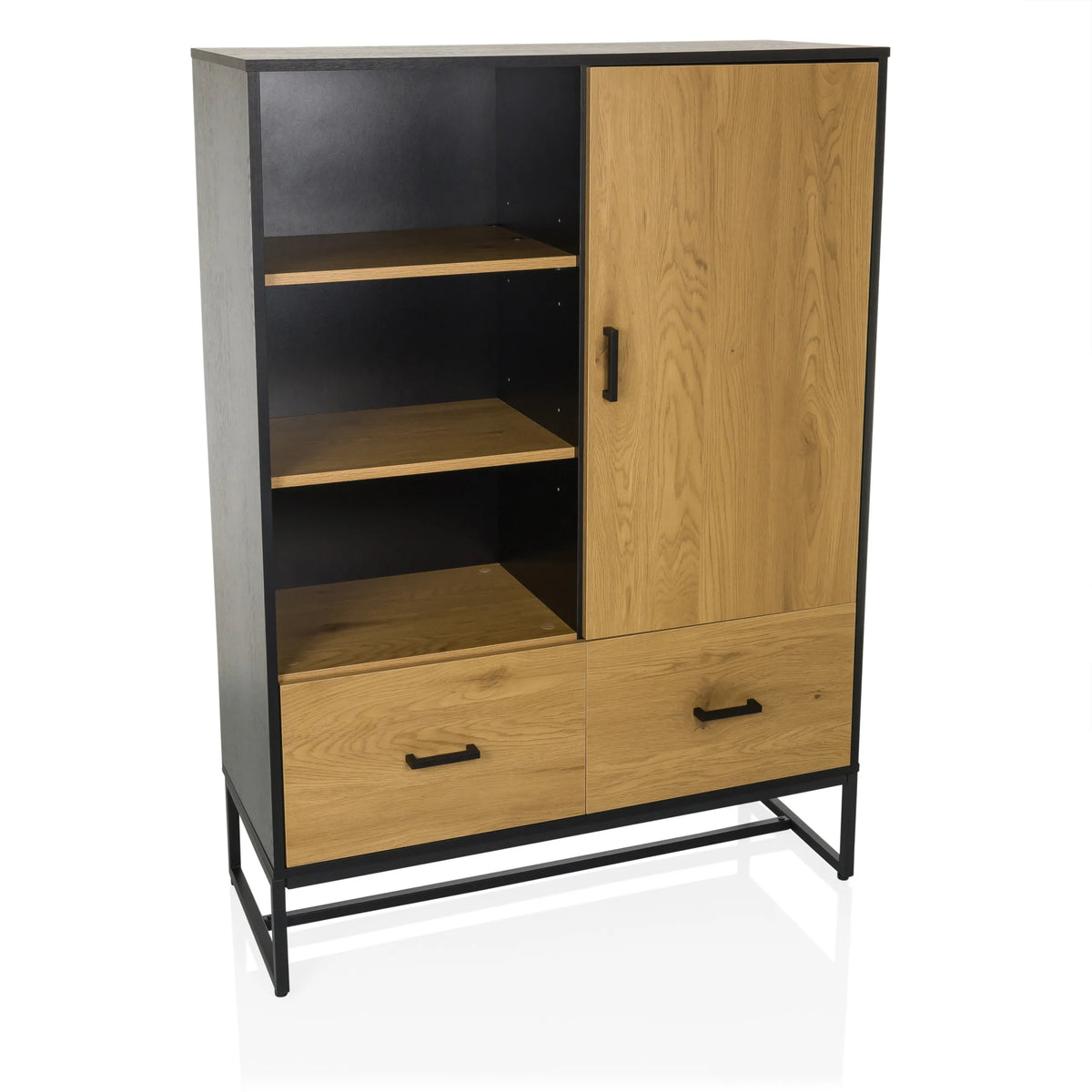 Armoire de bureau AMIO H couleur chêne noir avec deux tiroirs, une porte et des niches ouvertes de hjh LIVING – vue à 360° (vue de face 15°)