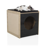 Katzenhaus KITTY PAWBOX 2 in Schwarz und Eiche mit einer liegenden Katze auf dem Dach von hjh LIVING