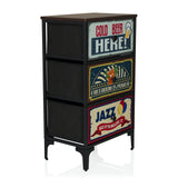 Commode AMERIKO S avec trois tiroirs à motifs au look vintage et structure noire de hjh LIVING – vue à 360° (vue de trois quarts avant 45°)