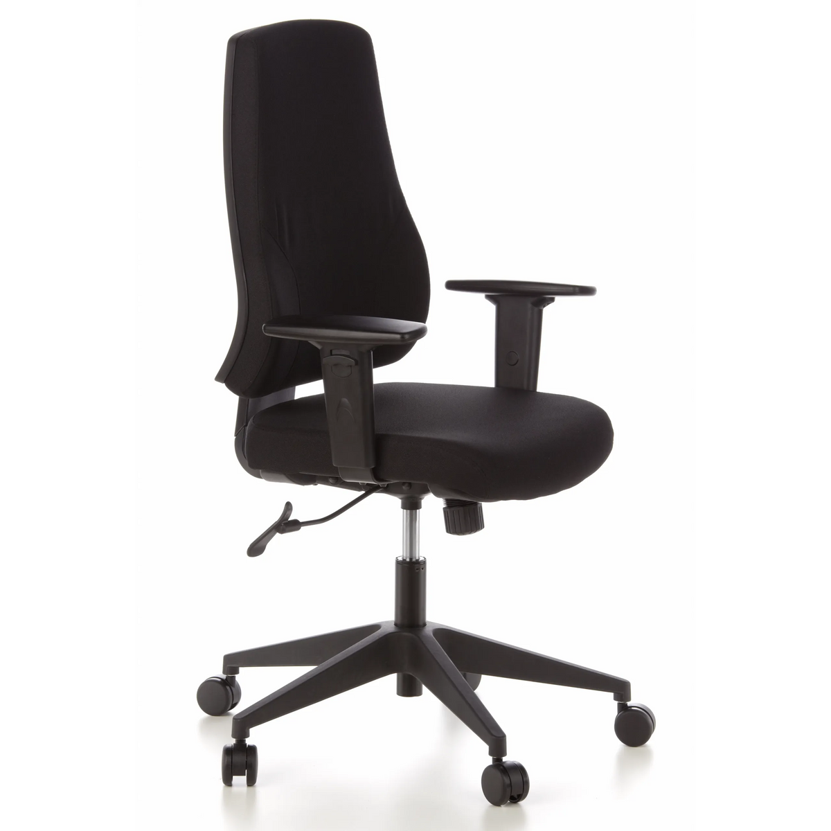 Siège de bureau de qualité professionnelle PRO-TEC 100 noir avec accoudoirs et base à cinq roulettes de hjh OFFICE – vue à 360° (vue de trois quarts avant 60°)