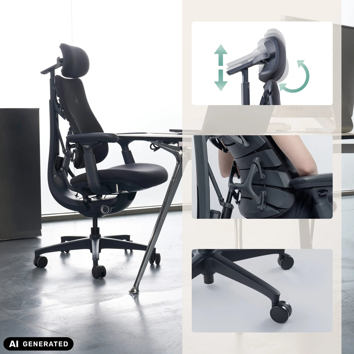 Siège de bureau haut de gamme LiberNovo Omni avec appui-tête réglable et base à roulettes de Libernovo (image générée par IA)