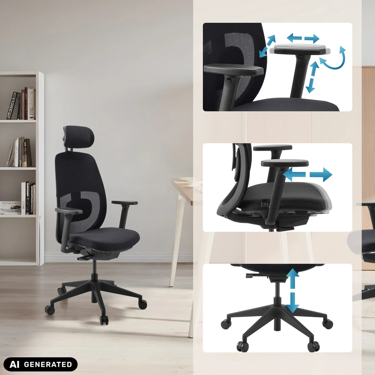 Accoudoirs et hauteur d'assise réglables du siège de bureau de qualité professionnelle Skandis Pro de hjh OFFICE (image générée par IA)