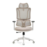 Siège de bureau de qualité professionnelle ERGOMY W beige avec dossier en maille et base blanche à cinq roulettes de MyBuero – vue à 360° (vue de face 0°)