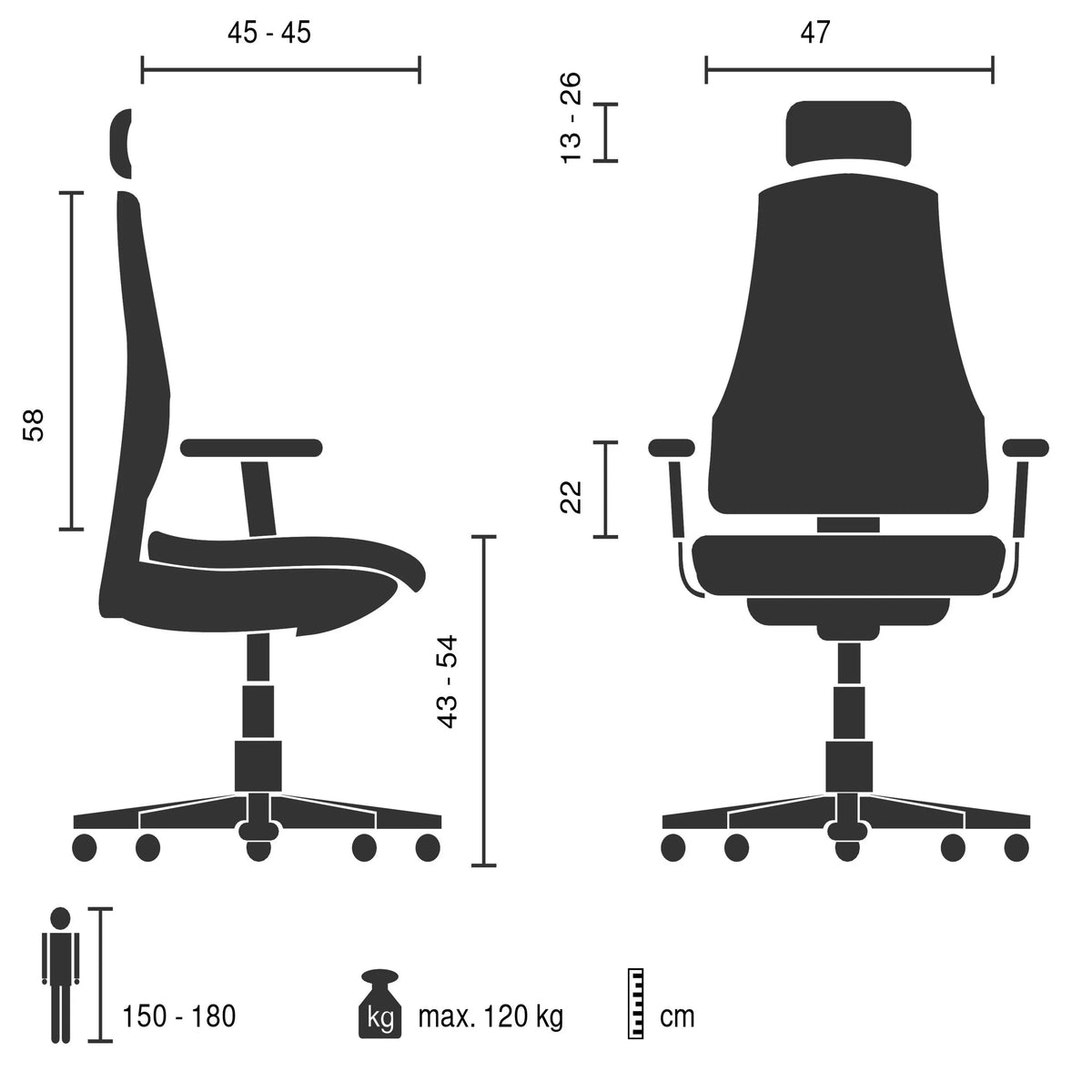Dessin technique du Siège de bureau à domicile Vertuflex avec une capacité de charge maximale de 120 kg de MyBuero