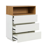 Commode MELMO K en blanc et chêne avec trois tiroirs partiellement ouverts de hjh LIVING