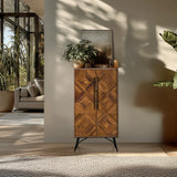 Commode SANTJAGO WOOD HIGH aux tons de bois marron foncé avec façade à motif de losanges et poignées noires de hjh LIVING