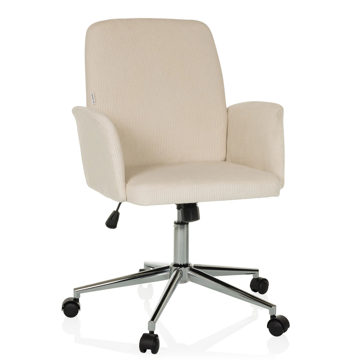 Siège de bureau à domicile SOLAO CORD beige avec revêtement côtelé et base à cinq roulettes de hjh OFFICE – vue à 360° (vue de face 15°)