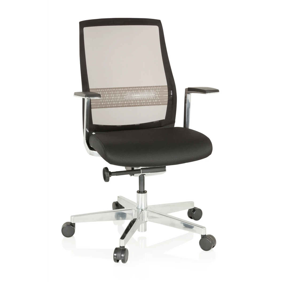 Siège de bureau haut de gamme FOUNTAINE PRO noir avec dossier en maille et piètement à cinq roulettes de hjh OFFICE – vue à 360° (vue de face 20°)