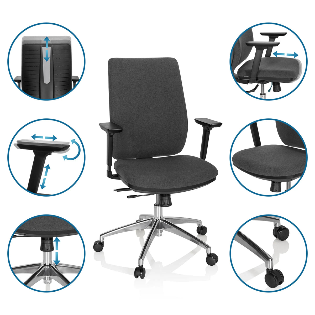 Siège de bureau de qualité professionnelle INTEGRIO I en gris foncé avec différentes possibilités de réglage de hjh OFFICE