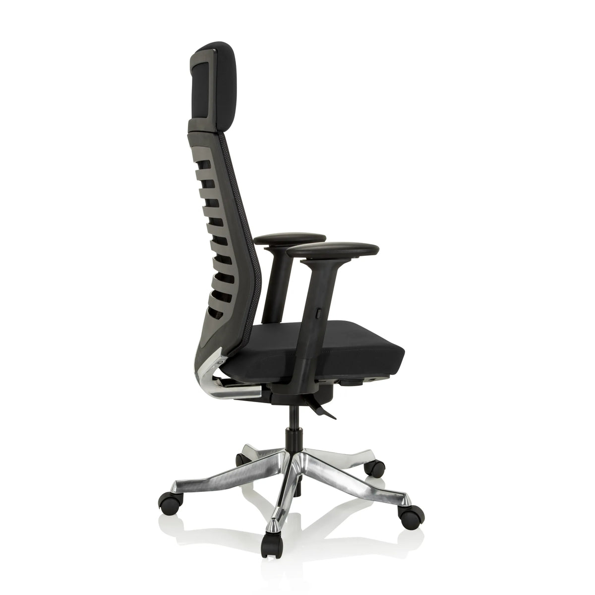 Siège de bureau de qualité professionnelle ASGON noir avec dossier en maille et piètement à cinq roulettes de hjh OFFICE – vue à 360° (vue de profil 100°)